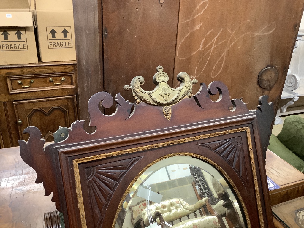 A George III style inlaid parcel gilt mahogany fret cut wall mirror, width 60cm, height 84cm